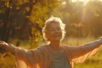 A woman standing in a field with her arms outstretched, possibly in a moment of joy or contemplation