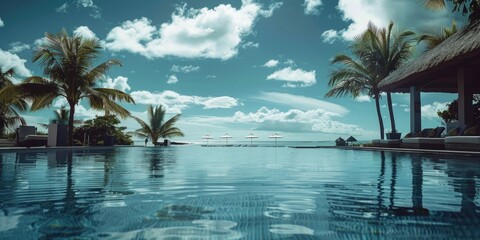 Fototapeta premium A serene swimming pool scene with palm trees in the background