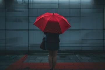 A woman holds a bright red umbrella standing in front of a wall, a simple yet iconic scene