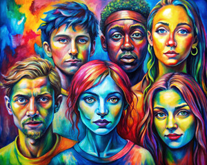 Colorful Portraits of Diverse Individuals in a Vibrant Painting