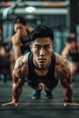Fototapeta premium A person performing push-ups on the floor of a gym, using dumbbells for added resistance