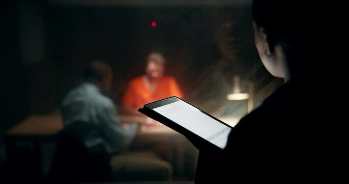 Woman, tablet and interrogation for crime, police investigation or research information or security surveillance. People, detective and digital interview for legal questions, evidence and justice law