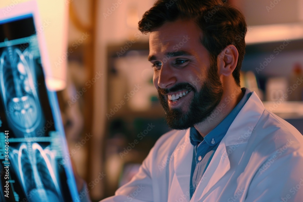 Aufkleber a person in a lab coat sitting in front of a computer, focused on the screen