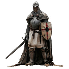 Fototapeta premium Detailed depiction of a knight in full armor, poised with sword and aged shield