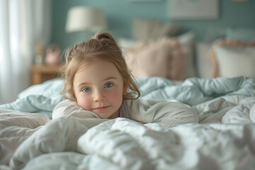 Fototapeta premium Little Girl Waking Up in Bed With Curly Hair and Smiling