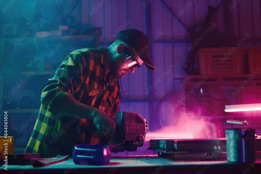 Poster a person operating machinery in a workshop setting