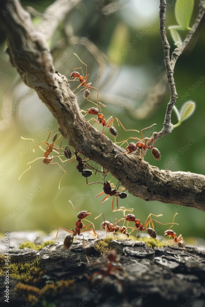 Poster close-up view of ants crawling up a tree branch, natural macro photography