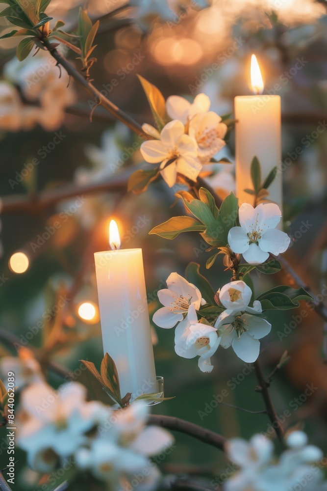 Poster Three white candles sit atop a tree branch, creating a warm and inviting glow