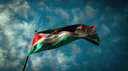 A flag waving in the wind with fluffy white clouds in the background