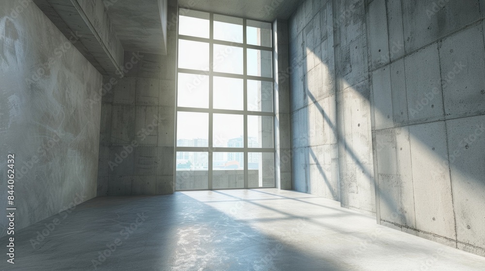 Poster A minimalist interior scene featuring a large window and concrete walls, perfect for use in architectural or design-focused contexts