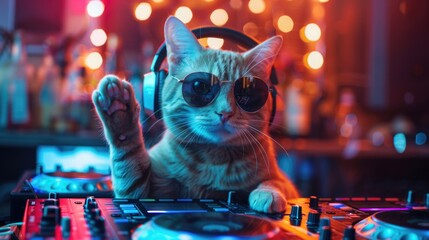 A cool cat enjoying its favorite tunes with sunglasses and headphones on