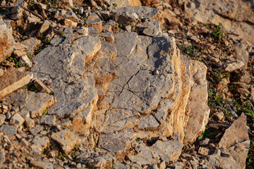 Red rocks of different shapes and sizes on the ground. Orange texture. Background. For text. For...