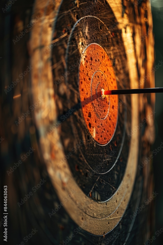 Poster Close-up shot of a target with an arrow piercing it, suitable for use in hunting or archery related content