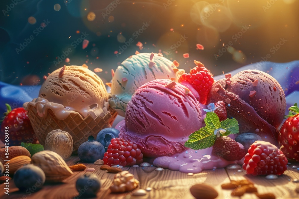 Poster a colorful table filled with various ice cream flavors and toppings