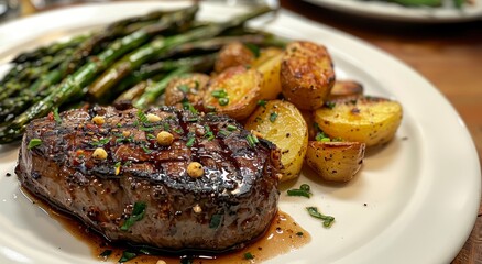 Grilled Steak with Roasted Potatoes and Asparagus Drizzled with Herb Butter Sauce
