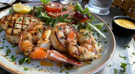 Grilled Shrimp and Scallops with Fresh Salad and Lemon Wedges on White Plate
