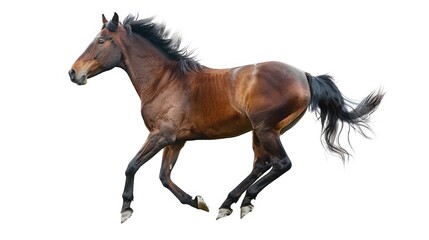 A brown horse gallops across a white background, conveying energy and movement