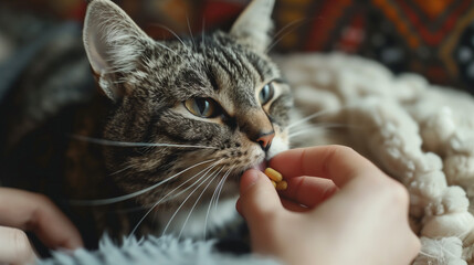 Cat Being Fed Pills By A Hand At Home