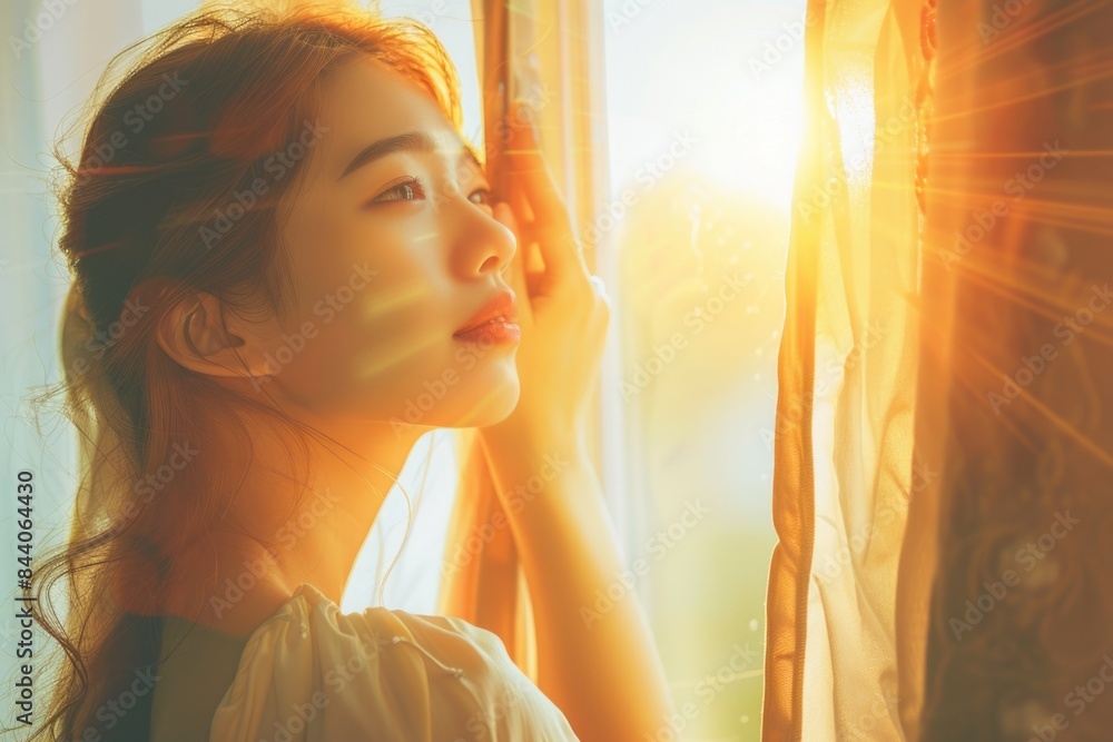 Poster a person looking out of a window at the sunlight, possibly contemplating or enjoying the view