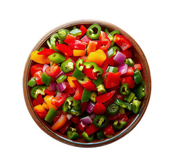Chopped peppers and onions in a wooden bowl.