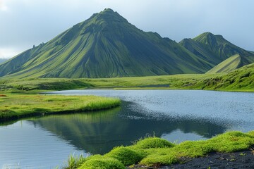 Fototapeta premium Lush Green Mountains and Serene Lake in Iceland During the Day