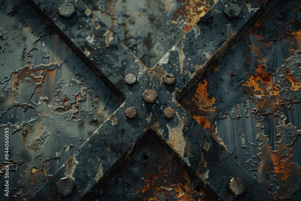 Poster a close-up shot of rusted metal with visible rivets