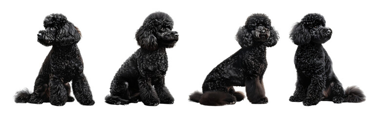 Four black poodles dogs sitting in various poses.
