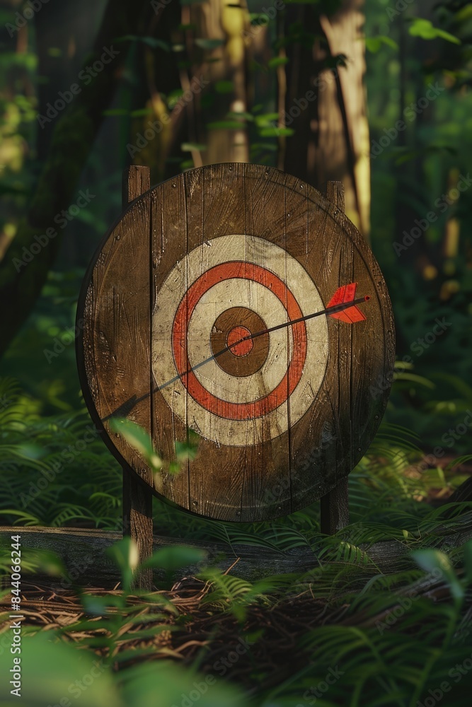 Poster a wooden target with an arrow stuck in the middle, suitable for use in archery training or competiti