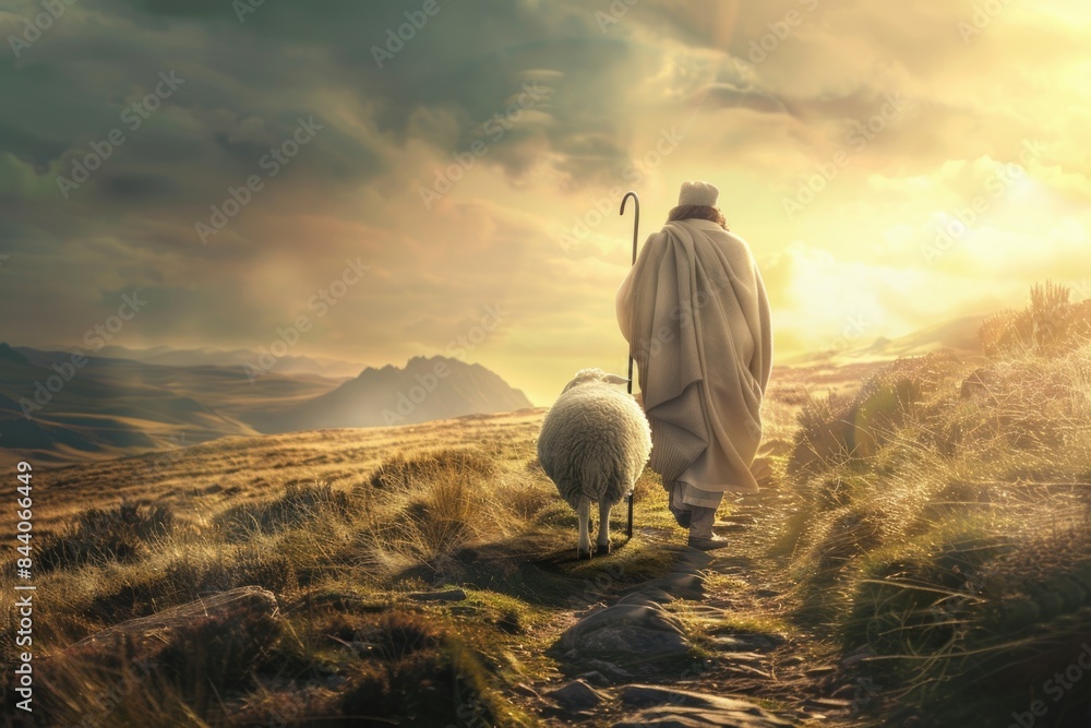 Poster a person walking alongside a sheep on a rural path, perfect for use in farm or nature-related contex