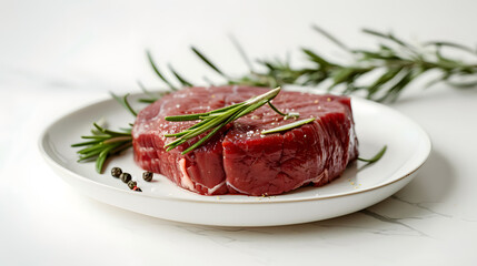 A raw beef steak on a white plate with rosemary. isolated on the background. Close-up food photography 