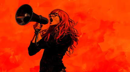 A redhaired woman with glasses. holding up and screaming into the megaphone 
