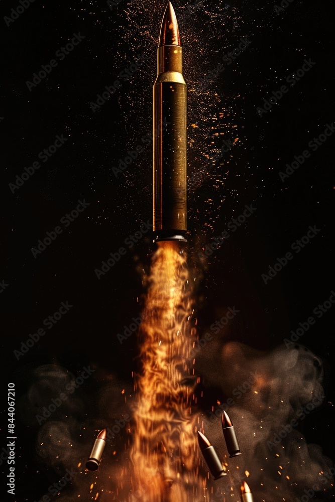 Poster a close-up view of a rocket emitting smoke, great for science or technology themed projects