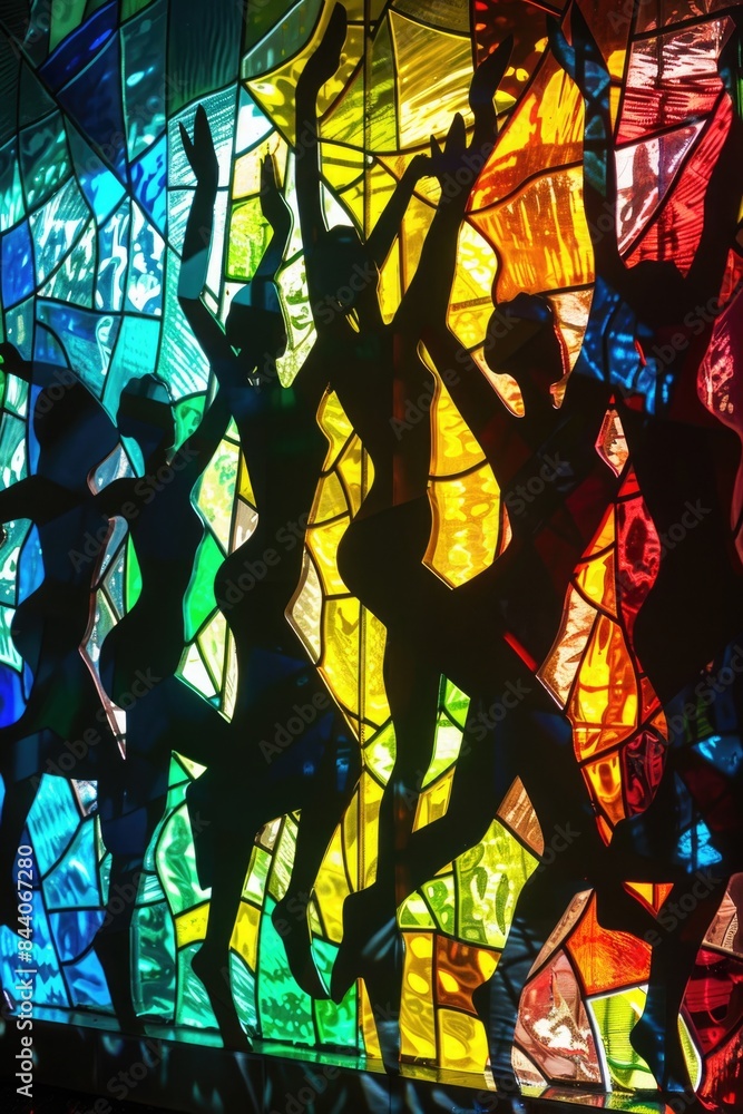 Poster Group of people performing in front of a colorful stained glass window
