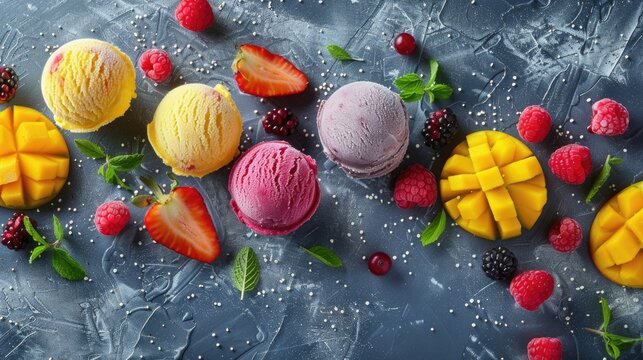 A colorful table topped with various ice cream flavors, great for food photography or advertising