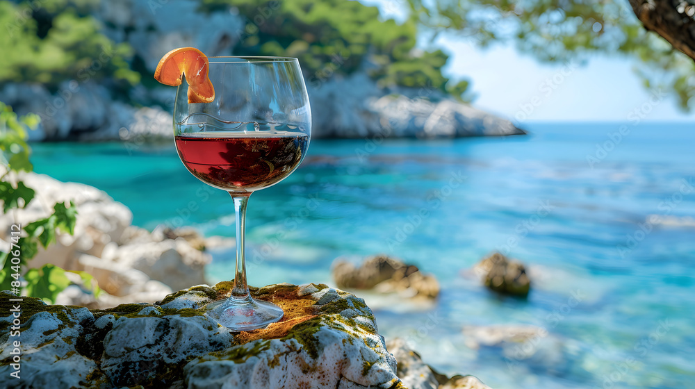 Poster a ruby wine with a ring of bubbles and a twist of orange. placed in a polished chalice on the bounda