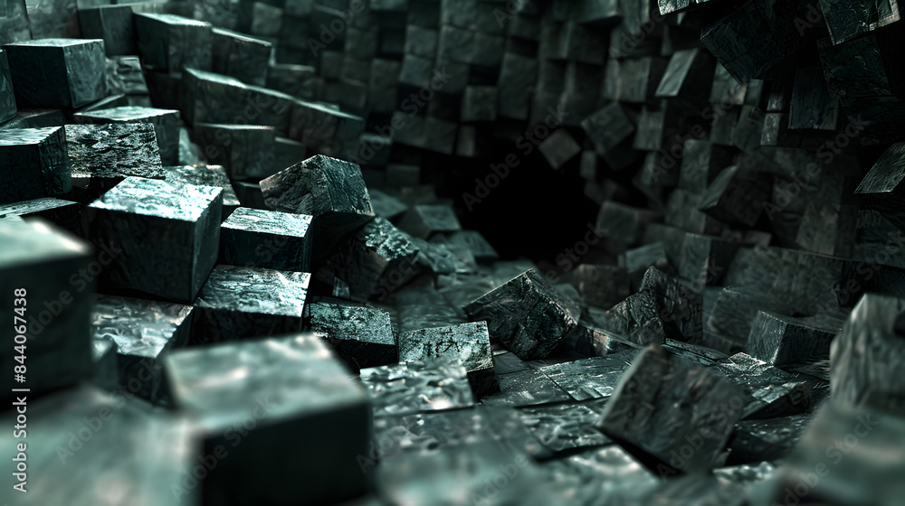 Poster a ruptured wall of blocks with a prominent hollow in the core. the environment is dusky and mystifyi