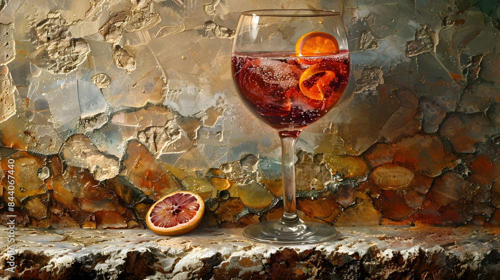 Poster a ruby wine with a ring of bubbles and a twist of orange. placed in a polished chalice on the bounda