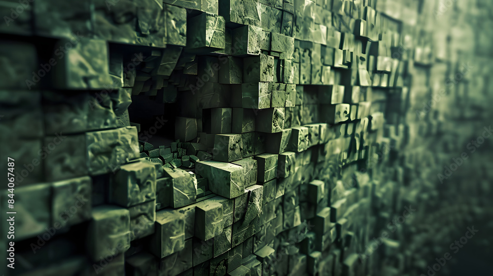 Poster a ruptured wall of blocks with a prominent hollow in the core. the environment is dusky and mystifyi