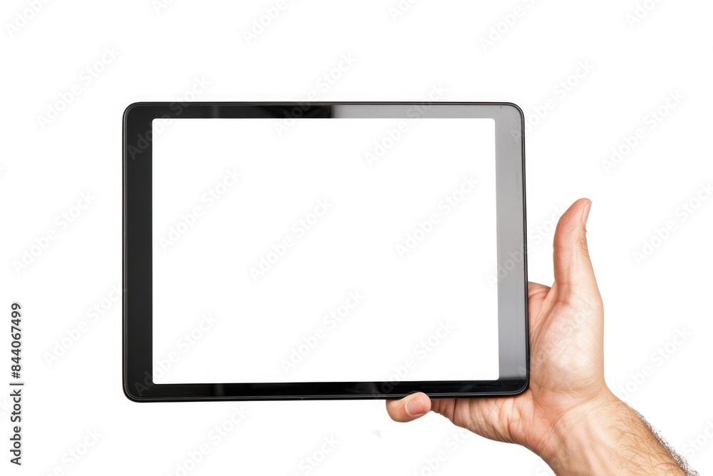 Poster a person is holding a tablet with a blank white screen, ideal for representing technology or innovat