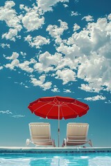 Obraz premium Two lounge chairs under an umbrella next to a swimming pool, perfect for relaxation and sunbathing