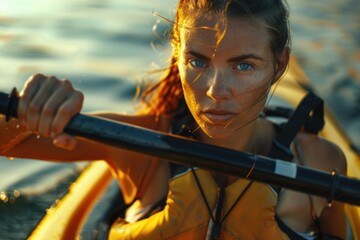 Woman paddling in a yellow kayak, calm waters