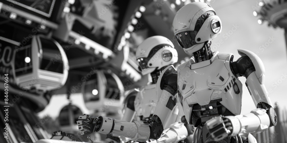 Poster a monochrome photograph of two robots standing together