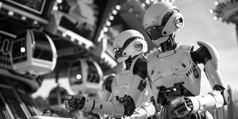 A monochrome photograph of two robots standing together