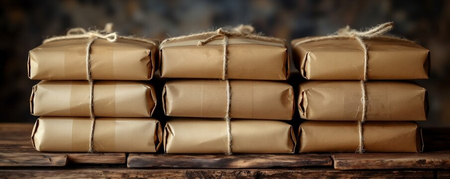 Row of wrapped packages with string ties
