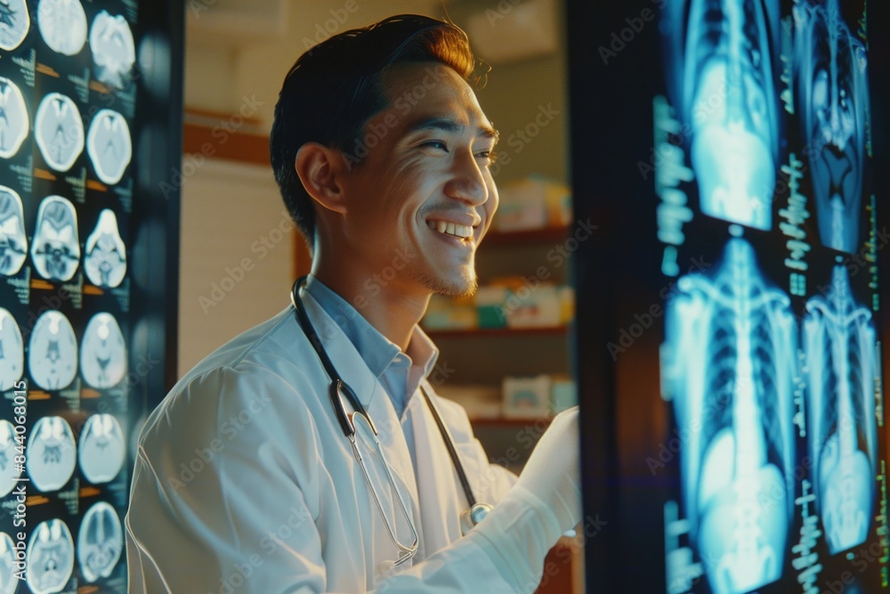 Poster a person wearing a lab coat standing in front of a computer screen, likely engaged in scientific or 