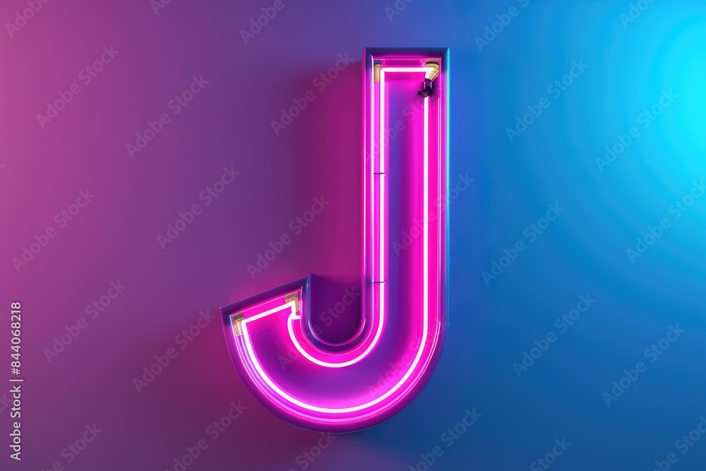 Poster A close-up of a neon lit letter J on a blue background, perfect for highlighting a message or adding a touch of modernity to your design