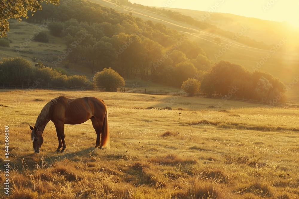 Canvas Prints A brown horse grazes in a lush green field surrounded by tall trees