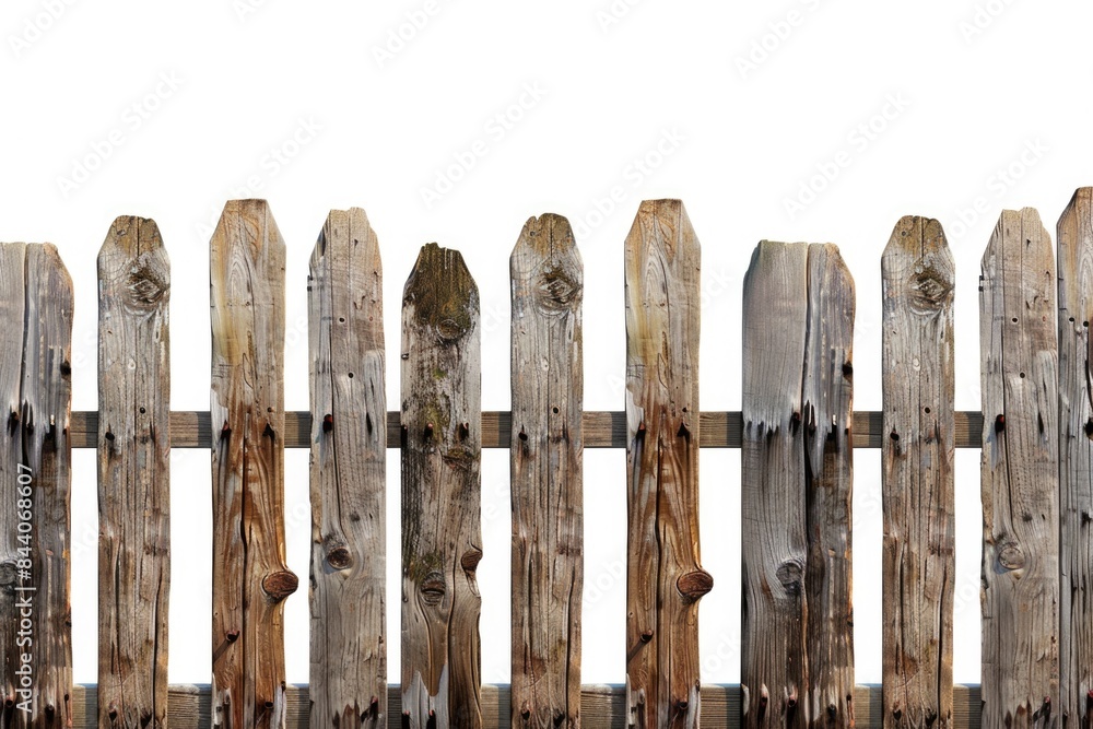 Poster close-up shot of a wooden fence with a serene white sky in the background, suitable for use in outdo