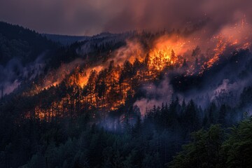 Wildfire burning in the distance, with a mountain range in the background