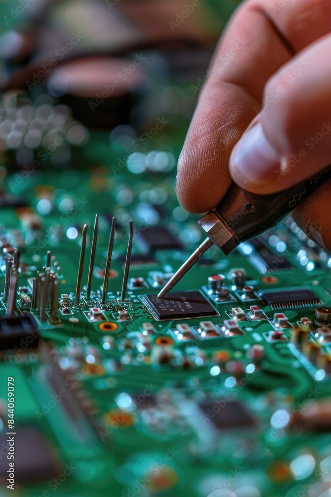 Poster a close-up view of someone working on an electronic circuit board